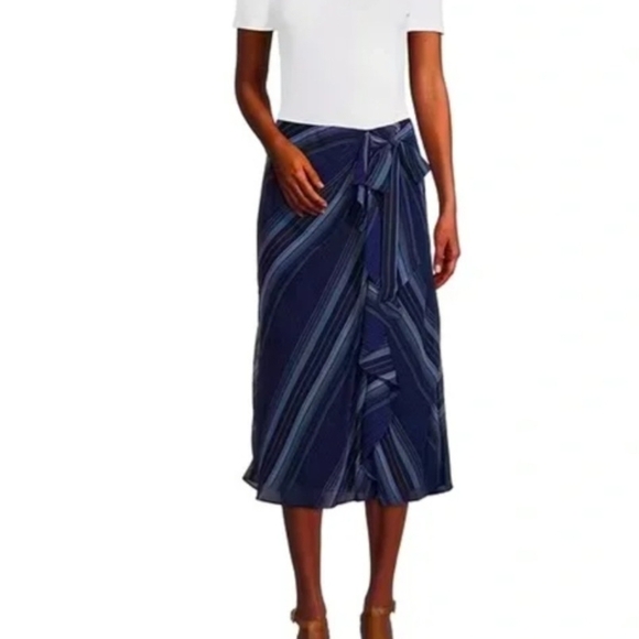 Lauren Ralph Lauren Striped Blue Faux Wrap Skirt - Picture 3 of 13